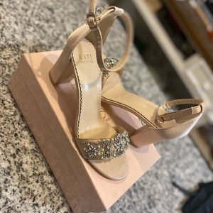 Kate Whitcomb Lucy Champagne Embellished 3” Block Heel, Size 8.5